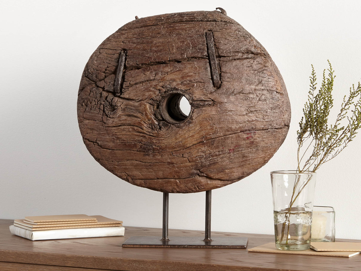 Wooden Cart Wheel On Stand